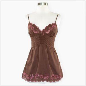 Sweetees Brown & Pink Embroidered Empire Pleated Waist Eyelet Cami Top Size 10